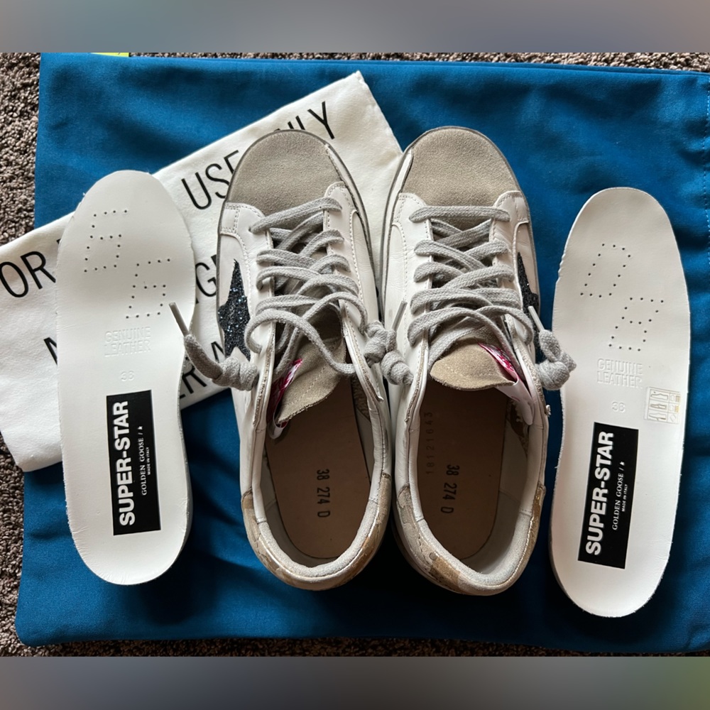 Golden Goose Super-Star White Gold Camo Blue Glitter Sneakers Size 8 38 Worn 5x - Picture 6 of 7